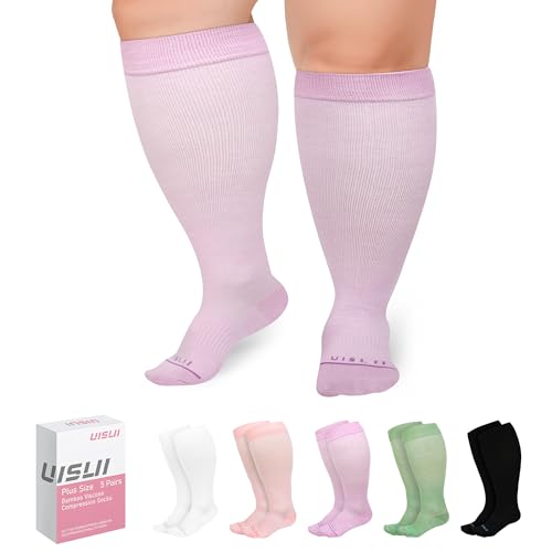 Image of UISLII Plus Size Compression Socks Wide Calf Women Men,5 Pairs 20-30mmHg Extra Width Calf Viscose Knee High Compression Socks for Circulation Support