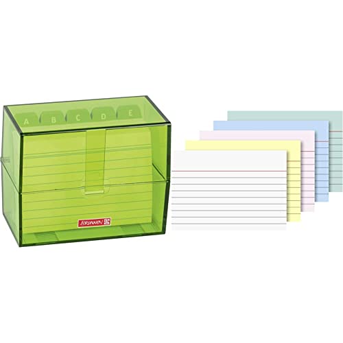 Brunnen,1026353583, BRUNNEN 102057052 Karteikasten, 12x9,5x6,5 cm (für A7 Karteikarten), Polystyrol, kiwi, Colour Code, 1, & 102279195 Karteikarte (A7 liniert, 200 Stück, eingeschweißt) sortiert