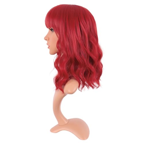 Image of MapofBeauty 14 Inch /35 cm Short Wavy Curly Women Fresh Bright Synthetic Ordinary Flat Bangs Bob Wig (Red)
