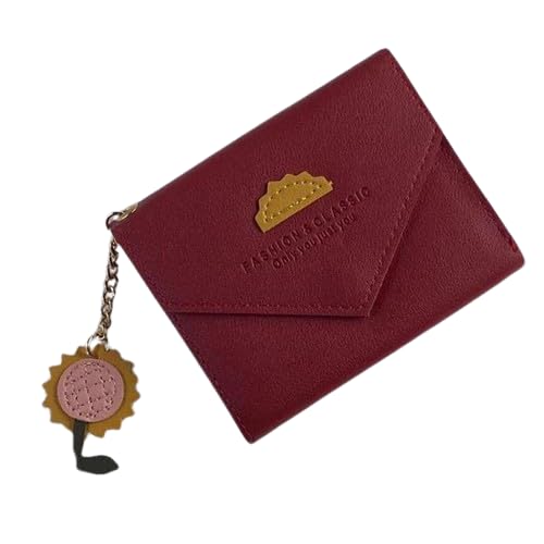 Fashionable Women Purses With Cute Pendants Multi-card Card Holder Tri-fold Wallet Korean Style Coin Money Bag (Wine Red)