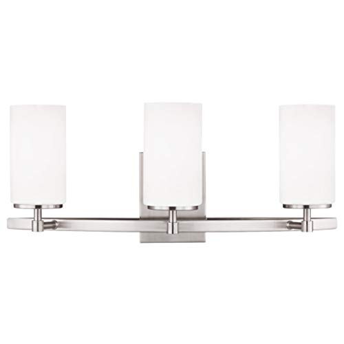Image of Generation Lighting Alturas 3-Light Wall Bath Sconce in Brushed Nickel | Damp-Rated Wall Sconce Mounts Vertical or Horizontal, Satin Etched Glass, Bathroom Vanity Light, or Bathroom Fixture for Bath