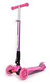 ChromeWheels Scooters for Kids, Deluxe Kick Scooter Foldable 4 Adjustable Height 150lb Weight Limit 3 Wheel, Lean to Steer LED Light Up Wheels, Best Gifts for Girls Boys Age 3-12 Year Old, Pink