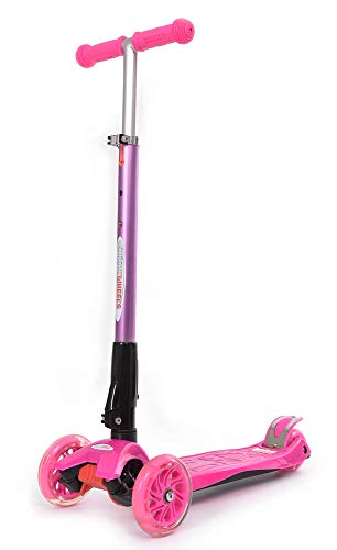 ChromeWheels Scooters for Kids, Deluxe Kick Scooter Foldable 4 Adjustable Height 150lb Weight Limit 3 Wheel, Lean to Steer LED Light Up Wheels, Best Gifts for Girls Boys Age 3-12 Year Old, Pink