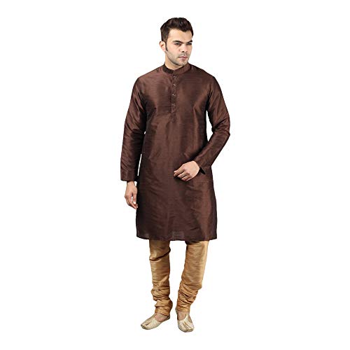Image of Uri and MacKenzie Banarasi Dupion Silk Solid Kurta Churidar Pyjama Set for Men
