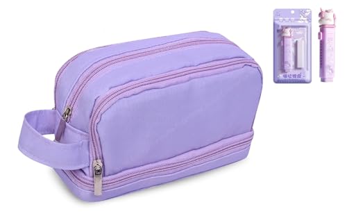 Image of Large Capacity 4 Compartment Pencil Case with Handle | Aesthetic School Pouch for Girls & Boys | Unicorn Eraser Included | Stationery Organizer for School, College & Office(Purple Pouch + Eraser)