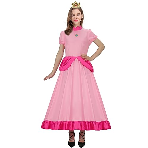 ZIFUNMUR Women Princess Peach Daisy Costume Dress Outfit With Crown Adult Super Brothers Gown Ball Halloween Cosplay Dress (Pink, Small)
