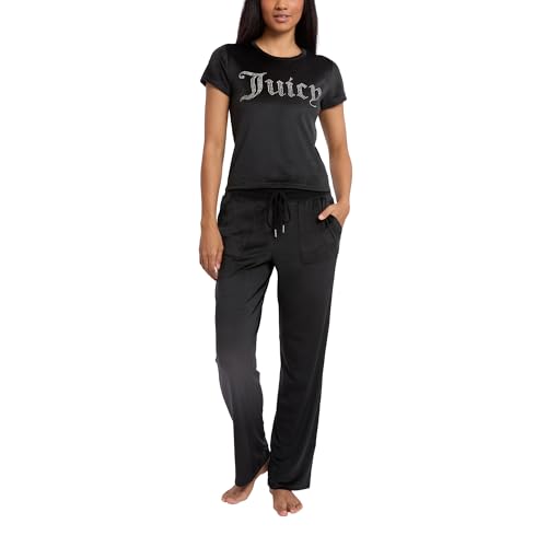 Juicy Couture Women's 2 Piece Velvet Fleece Short Sleeve Shirt and Pants Lounge Sleepwear Set