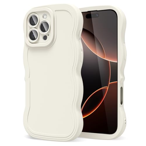 oakxco Silicone Case for iPhone 16 Pro Case Wavy Edge, Cute Curly Wave Frame Ripple Trendy Design Girly Phone Case for Women, Y2k Aesthetic Plain Matte Rubber & Camera Cover Protection, Beige White