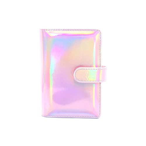 A6 Pink Holographic PU Leather Binder Cover Rainbow Notebook Shell 6 Rings Loose Leaf Binders with Magnetic Closure, Cards Pocket N Pen Holder
