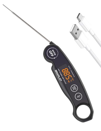 BRAPILOT Digital Meat Thermometer Rechargeable,Waterproof Kitchen Cooking Thermometer Probe,2-3S Instant Read for Steak Grill Water Milk Bread Airfryer BBQ Baking Oil Deep Fry Smoker (Black)