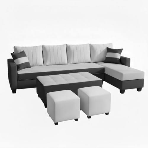 Image of FURNY Avenue 8 Seater Fabric RHS L Shape Sofa Set with 1 Centre Table & 2 Puffy (Light Grey-Dark Grey) Premium Velvet Finish