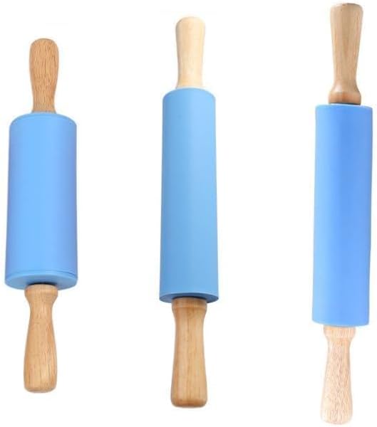 Fit for Non-Stick Silicone Rolling Pin with Wooden Handle - Baking Tool for Pastry, Dough, and Cookie Preparation(Wooden handle blue,Large)
