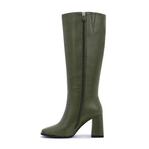 Image of Knee High Boots for Women - Wide Calf Boots with Zipper, Square Toe Tall Leather Boots, Chunky Heel Fashion Long Boots