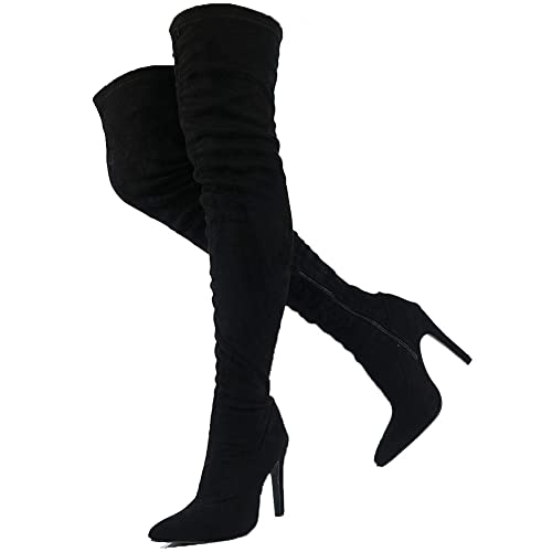 Aosphiraylian Women's Thigh High Boots Sexy High Stiletto Heeled Surgical Stretch Faux Suede Pointed Toe Side Zip Fashion Over The Knee Bootie #TOP30