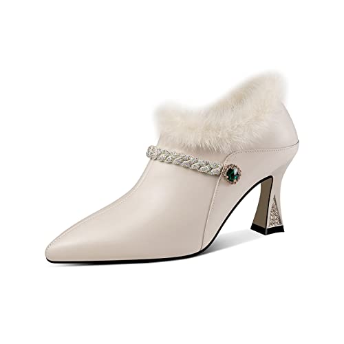 TinaCus Women's Handmade Genuine Leather and Fur Side Zip Up High Heel Pointed Toe Oxford Pumps with Green Crystal Decor