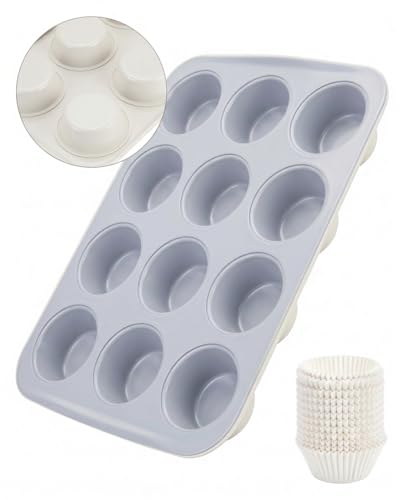 CARTMAN Ceramic Muffin Pan 12 Cup with 200 Cupcake Liners Non-Stick & Non-Toxic Baking Tin for Healthy Muffins and Cupcakes Perfect for Home Kitchens and Parties