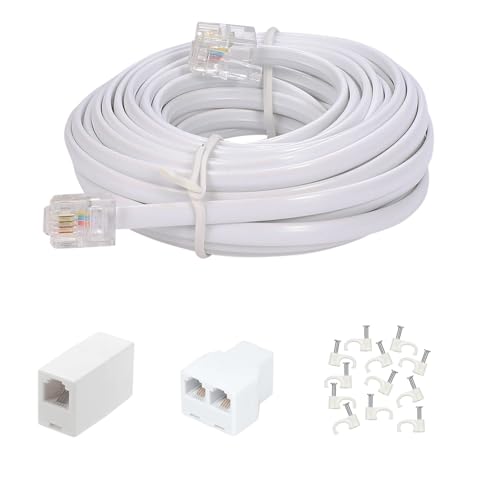 Menewstart Long Telephone Extension Cord 20 FT, White, Phone Cable Line Wire with Standard RJ11 Plug, 1 Phone Line Splitter, 1 in-line Coupler and 15 Cable Clips for Telephone Calling Communication