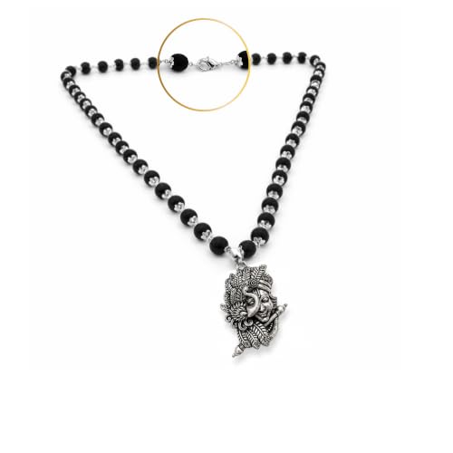 Image of Karungali Malai 8mm Certified with Lord Flute Krishna Pendant Silver Plated | 54 Beads Authentic Black Ebony Wood Mala with German Silver Cap | Spiritual Protection Chain for Men & Women
