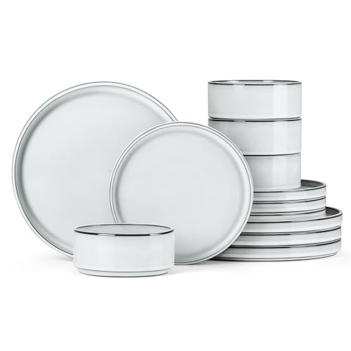 Onader Stoneware Dinnerware Sets, 12 Piece Plates and Bowls Dish Sets for 4, Ceramic Dishware Dining...