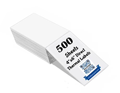 Pacpod Fanfold 4" x 6" Direct Thermal Label 500 Labels Shipping Labels Food Label Compatible with Zebra & Rollo Label Printer Strong Adhesive, Perforated and Waterproof (500 Labels)