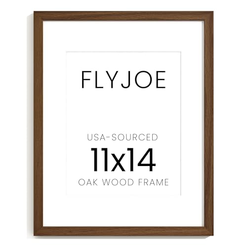 Image of FLYJOE 11x14 Oak Wood Picture Frame with Mat for 8x10, 11 by 14 USA-Sourced Natural Solid Wooden Photo Frame for Wall Display, Shatterproof Plexiglass, Hanging Hardware Included, Walnut Color