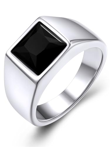 GoldChic Anillo Simple Sello Cuadrado Novio Esposo Agata Negra, Anillo Moto Bici Pinky Ring Dedo Menique Talla 69.7