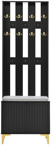 Merax Modern Luxury 3-in-1 Hall Tree with Cushion, Wood Versatile Coat Rack with Adjustable Shelves for Entrance, Hallway Black