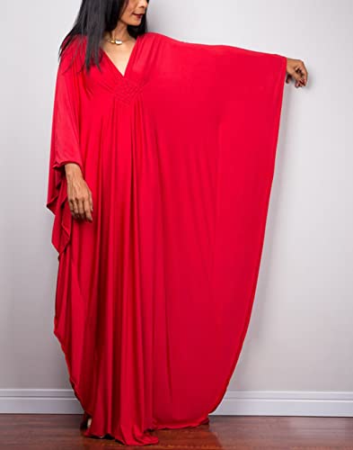 Image of RanRui Caftans for Women Solid Color Chiffon Plus Size Kaftan Dresses Beach Cover Up V Neck Batwing Sleeve Caftans Loungewear