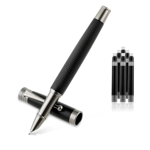 TIESOME Luxury Fountain Pen Set, Metal Fountain Pen with 6 2.6mm Ink Cartridges Smooth Writing Calligraphy Pens for Journaling Gift Office Business (0.7mm bent nib)