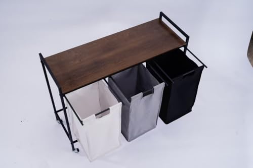 Laundry Sorter 3 Section, Rolling Laundry Hamper with Shelf, 3 Compartment Laundry Basket with Lid, Organizer Rustic Wooden Top
