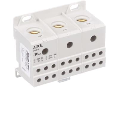 38075, Power Distribution Block; 115A; 600VAC; 3 Phase; White; 3 Input, 3x6 Output, DIN Rail/Panel