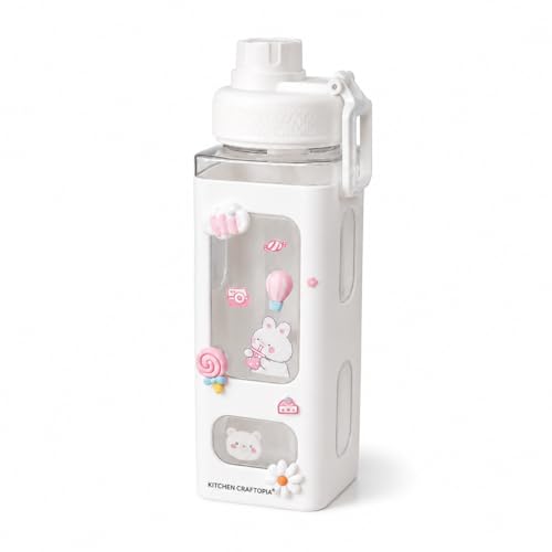 Image of Kawaii Water Bottle for Girls with Straw & Movable Handle | Leak-Proof BPA-Free Cute Plastic Bottle with 2D & 3D Stickers | Stylish School & Travel Bottle for Kids (750 ml) (White)