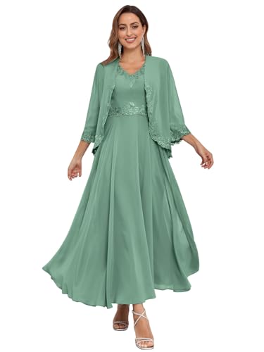 Women's 2 Pieces Lace Mother of The Bride Dresses with Jacket Chiffon Sequin Formal Evening Wedding Guest Dress