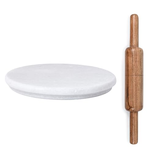 Image of VISMAY'S White Marble Chakla with Wooden Belan Set 10 Inch White Natural Stone Rolling Board and 12 Inch Wooden Rolling Pin for Roti Paratha Chapati Food Safe Non Slip (Set of 2)