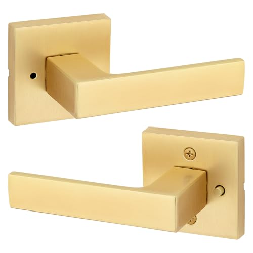 Kwikset Singapore Interior Privacy Door Handle with Lock, Door Lever for Bathroom and Bedroom, Satin Brass Reversible Keyless Push Button Lock Door Lever, with Microban Protection