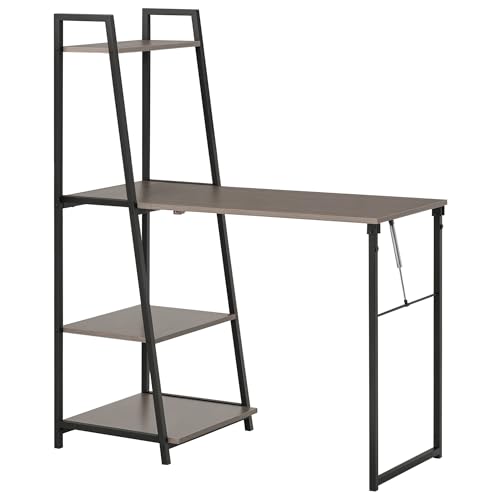 HOMCOM Escritorio Plegable con Librería de 4 Niveles, Escritorio de Metal y Madera que Ahorra Espacio, 106x48x128cm, Gris