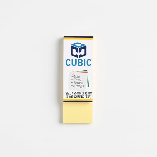 Image of Cubic Yellow Sticky Notes Pad - 2.5cm x 7.5cm (1 inch x 3 inch)- Pack of 3 Pads, 100 Sheets Each - Slim Memo Strips for Notes, Reminders, Messages & Bookmarks