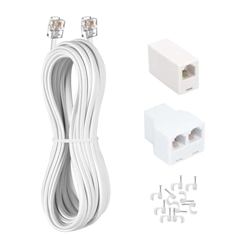 Long Telephone Extension Cord 33FT, White, Phone Cable Wire with Standard RJ11 Plug, 1 Phone Line Splitter, 1 in-line Coupler and 25 Cable Clips for Telephone Calling Communication
