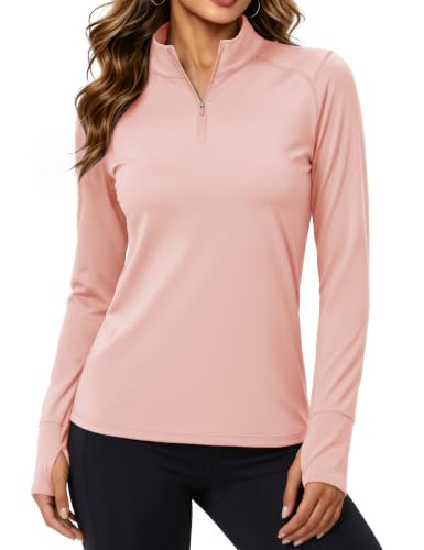 MAGCOMSEN 1/4 Zip Pullover Women Warm Fleece Lined Shirt Womens Long Sleeve Running Top with Collar Lightpink,M