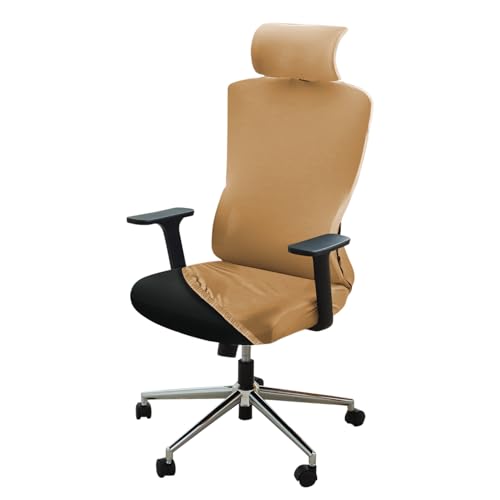 Image of HOKIPO 'SereneSolids' 140 GSM Office Chair Cover with Headrest (High-Back) - 140 GSM Stretch Fabric - Washable, Anti-Slip Fit for Ergonomic Mesh Office Chairs, Camel (AR-5369-CML)