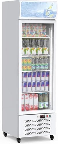PeacefulHues 11.3 Cu.Ft Commercial Display Refrigerator, Glass Door Beverage Cooler with Adjustable Shelves, LED Lighting & Advertising Panel, Mobile Design, White