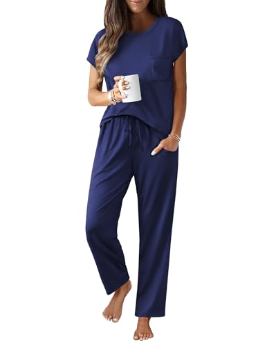 Image of Ekouaer Womens Pajama Sets Cap Sleeve Sleepwear Tops and Long Pants Comfy Pjs 2 Piece Lounge Set with Pockets S-XXL