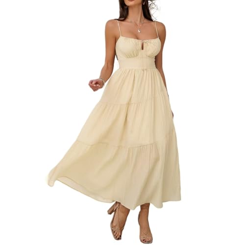 Image of Sumleno Summer Spring Dresses for Women 2026 Corset Spaghetti Strap Flowy Maxi Dress Vacation Beach Wedding Guest Outfits