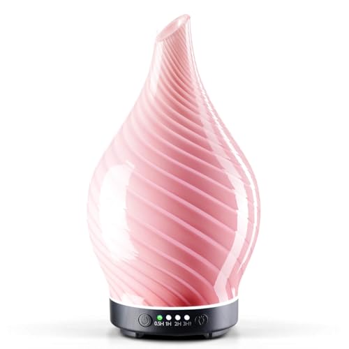 Porseme Aroma Diffuser 150ml,Handgeblasen Glas Luftbefeuchter, Ultraschall Aromatherapie Öle Diffusor mit 7 farbigem LED Licht, Diffusor für Ätherische Öle mit Timer BPA Frei für Wohnung(Pure Pink)