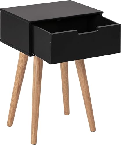 Image of Modern White Bedside Table with 1 Drawers & Wooden Legs | Compact Nightstand for Bedroom | Scandinavian Style Side Table with Storage for Home Living Room (Black, 1 Drawer)