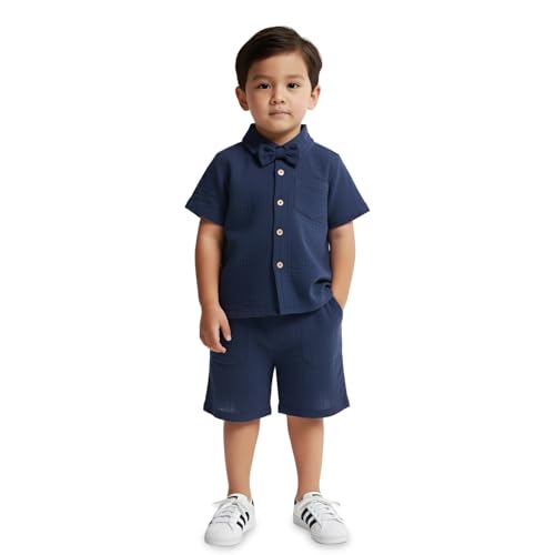 Image of Kidbea 100% Linen Shirt & Pant Co-ord Set for Kids | Elegant & Comfortable Summer Wear | Stylish Short-Sleeve Shirt with Bow & Comfy Shorts
