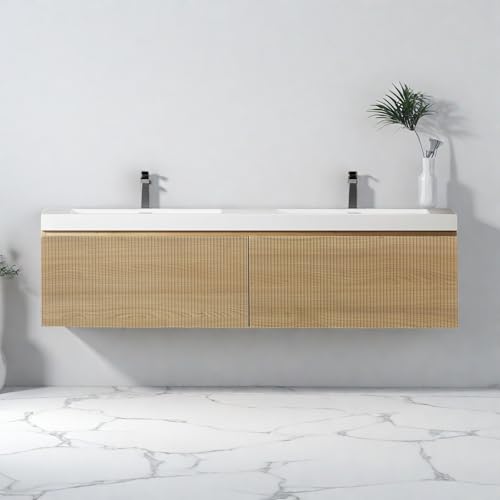 Image of Wall Mounted Bathroom Sink Vanity, Modern 60 inch Floating Vanity with 2 Resin Top Basins and 2 U-Shaped Soft-Close Storage Drawers, Striped Bathroom Storage Cabinet with Invisible Handle, Wood