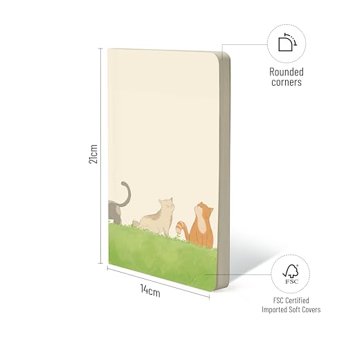 Image of Aesthetic Notebook Journal - A5, Unruled, 100 GSM | For Drawing, Journaling, Note-taking, Writing, sketching & designing | Lawn Meower- Cat themed Original Art Cover | Soft bound- 144 Pages