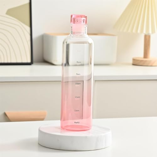 Image of Glass Water Bottle with Time Marker - 500ml Leakproof Reusable Bottle - BPA-Free Transparent Bottle with Colored Lids - Drinking Fridge Bottles Water, Milk, Lassi, Juices, Beverages (pink)