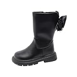 Girls Mid-Calf Riding Boots Side Zipper Fashion Back Bowknot Combat Boot Faux Leather Chunky Low Heel Outdoor Shoes